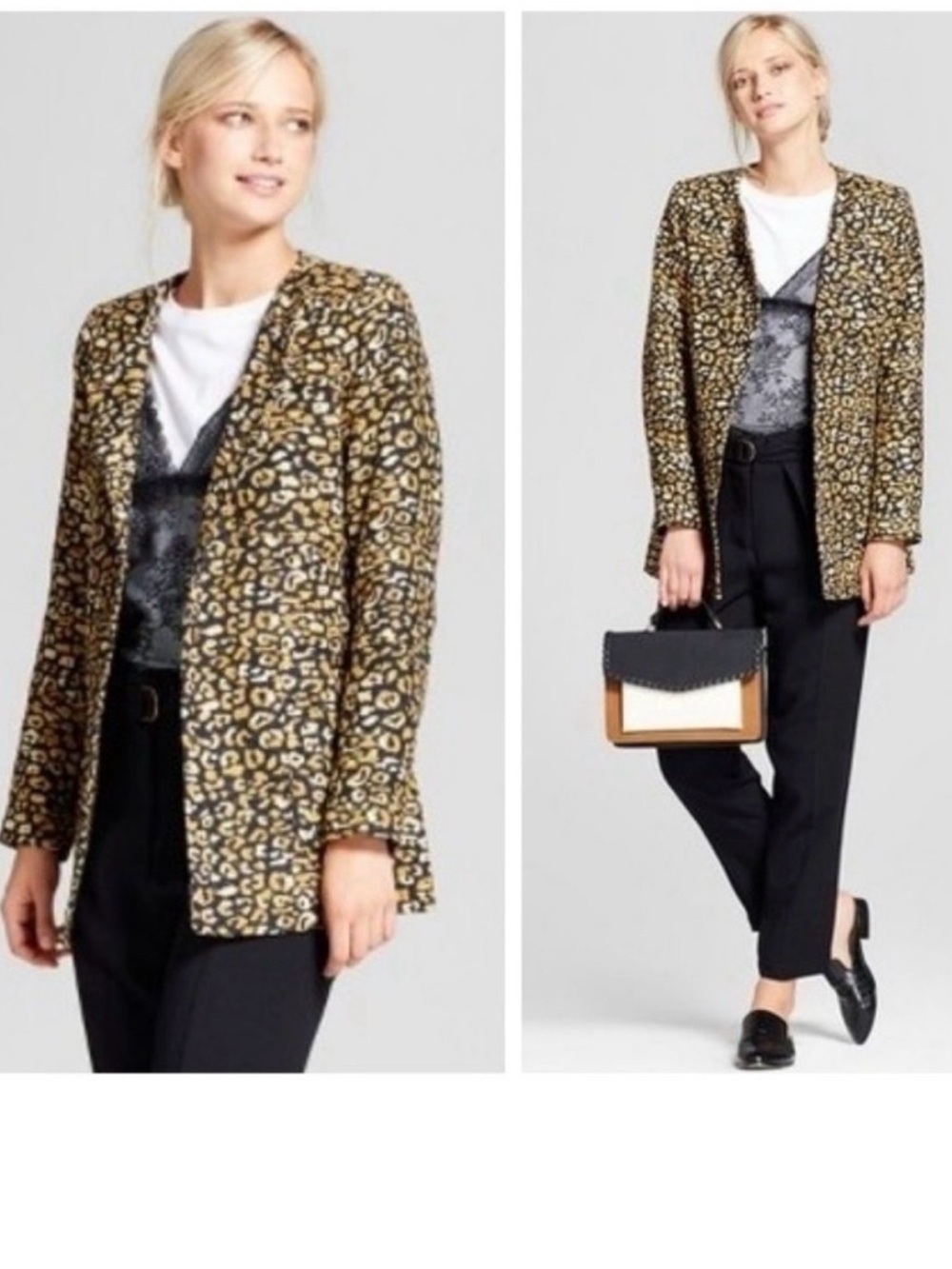 Who What Wear Leopard Print Open-Front Blazer - Black & Gold